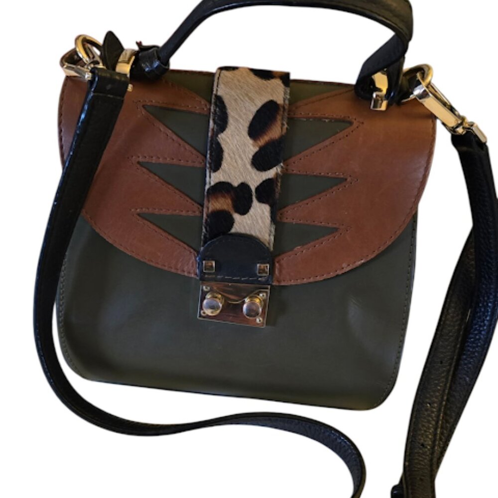 GIORGIA MILANI LEATHER CROSSBODY HANDBAG OLIVE GREEN LEOPARD CALF HAIR  NWOT